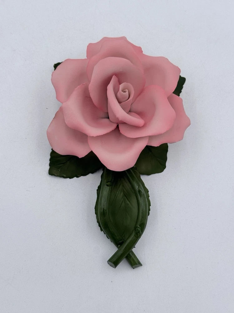 Handcrafted porcelain pink rose flower with green leaves, wall decor