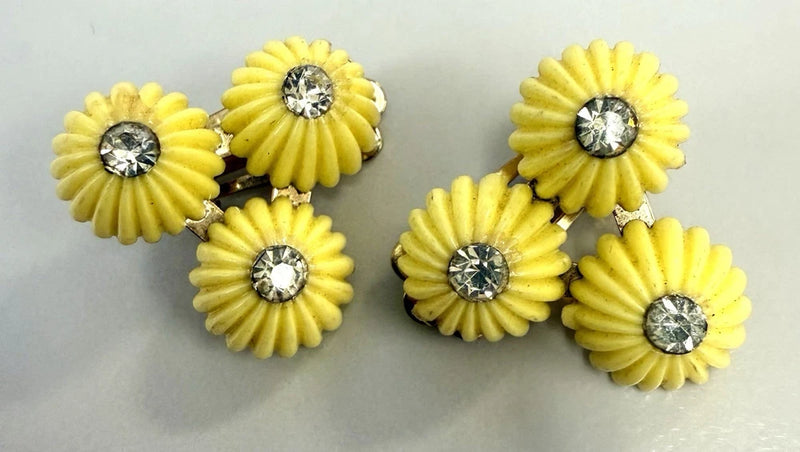 VTG.Coro Yellow Daisy Flower Clip Earrings Rhinestone Center Mid Century Floral Daisies