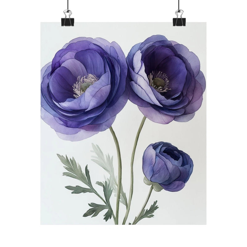 Boho Purple Ranunculus Flower Art Print Poster, Minimalist Floral Wall Art 6 Ranunculus