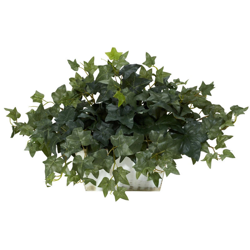 Nearly Natural Ivy W/White Wash Planter Silk Plant Realistic Home Garden Decor Green Plant