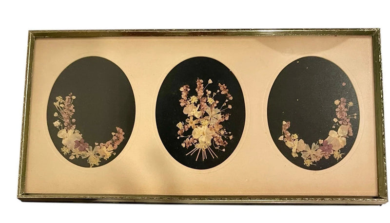 Gold-tone framed dried flower wall art with three oval dried flower specimens under glass