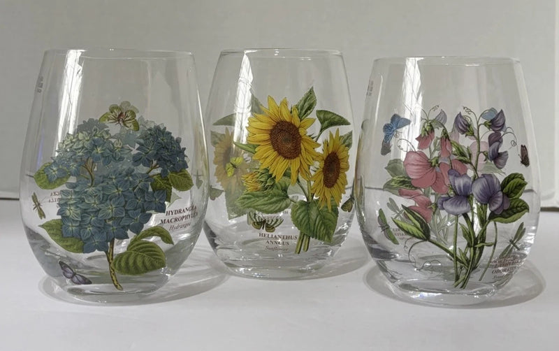 Portmeirion Botanic Garden Stemless Wine Glasses Sunflower Sweet Pea Hydrangea 3 Hydrangea
