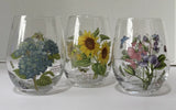 Portmeirion Botanic Garden Stemless Wine Glasses Sunflower Sweet Pea Hydrangea 3 Hydrangea
