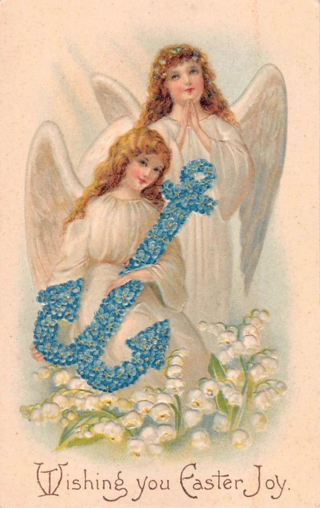 Lovely Angels, Lily of the Valley & Anchor Made of Forget-Me-Nots-Old Easter PC Lily
