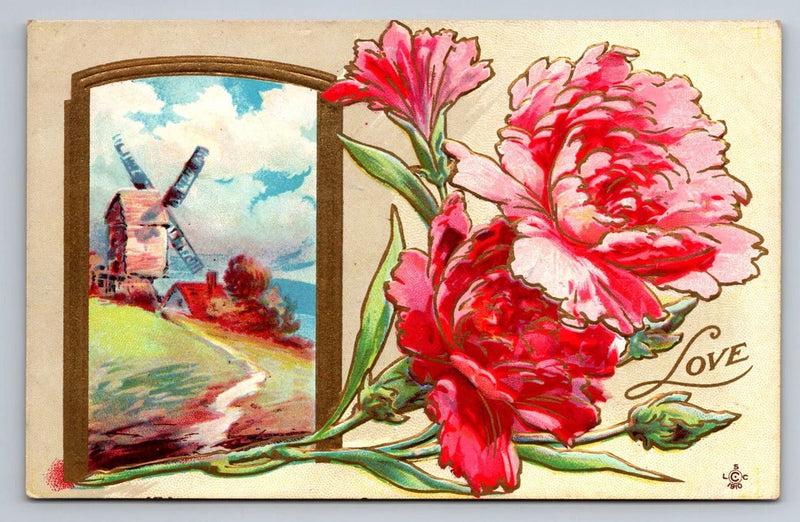 Vintage Embossed Lithograph Postcard with Windmill & Pink Carnations Carnation