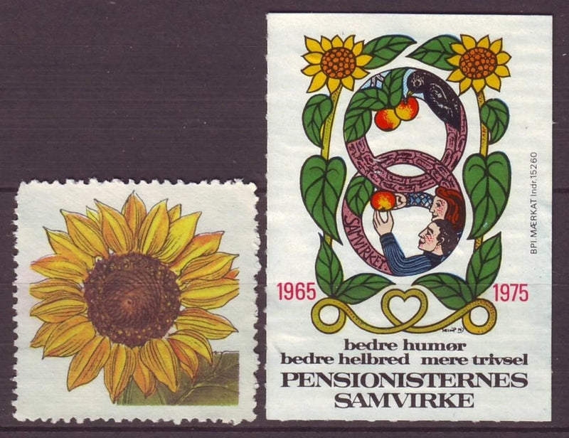 Denmark sunflower stamp label with two postal stamps: sunflower and wreath design