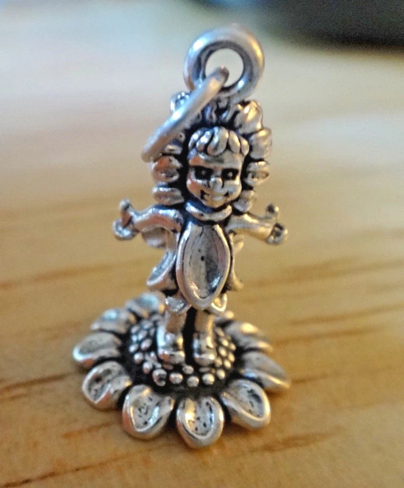 Sterling silver fairy charm with sunflower flower base and top loop for jewelry