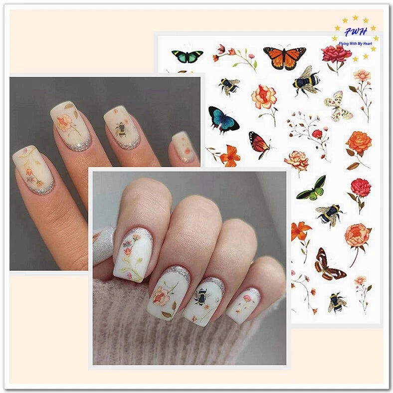 Flower Bee Nail Stickers Decals Floral Butterfly Rose Lavender Daisy Nail Decals Daisies
