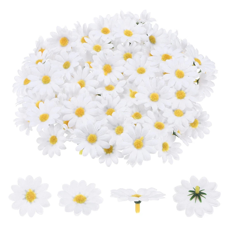 Small white artificial flower heads with yellow centers, 2-inch set
