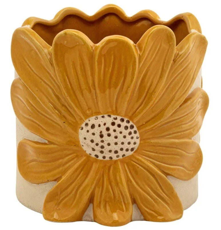 Mustard yellow sunflower planter vase with ridged petals and speckled center