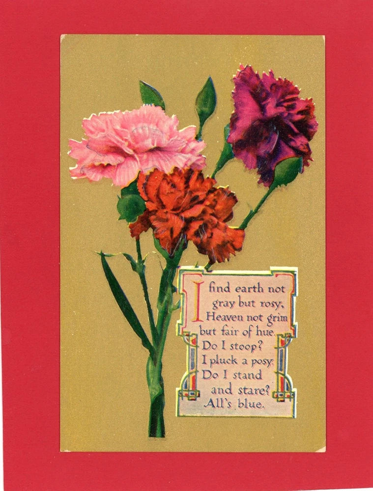 Antique floral greeting postcard with pink and dark red carnations and poem text panel
