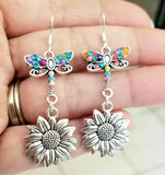Sterling Silver Sunflower Earrings Long Dragonfly Earrings Dangle Sunflowers Sunflower