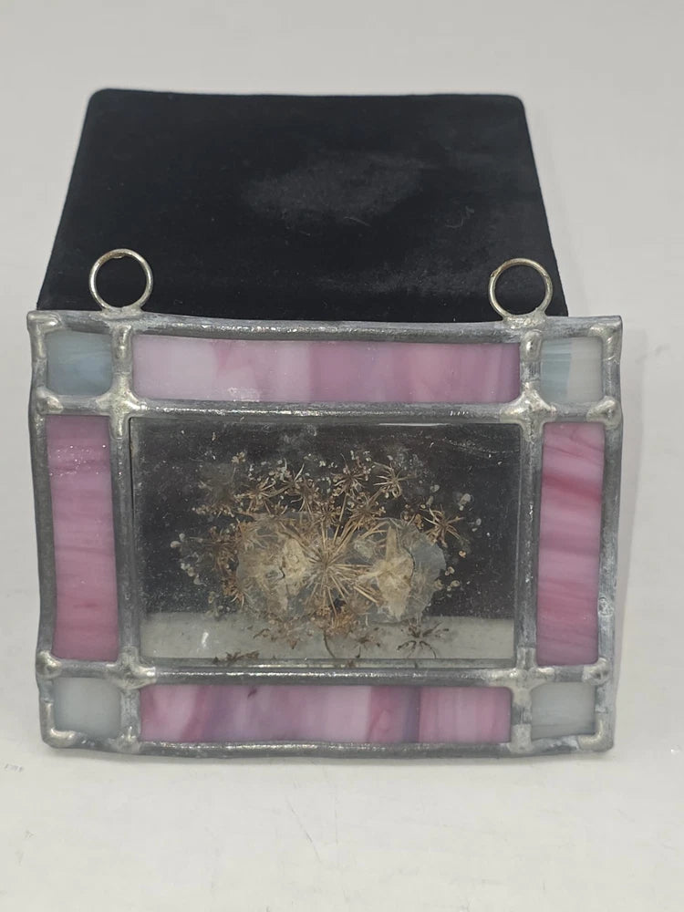 Leaded glass sun catcher with pressed dried flowers in double frame, pink panels