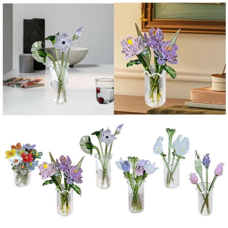 Glass Flowers Figurine with Vase Bouquet Gift for Mom Girlfriend Mother Day Lily