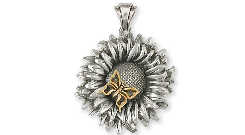 Sunflower pendant necklace, silver flower with gold center and ribbon, hanging bail