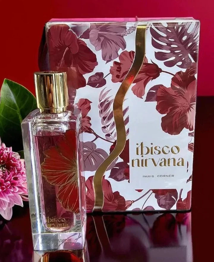 Fragrance perfume bottle with floral box, clear glass and gold cap