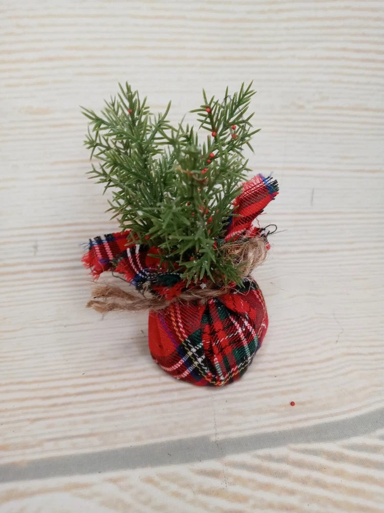New! Mini Tartan Plaid Greenery Plant Tree Fake Christmas Winter Decor Filler Green Plant
