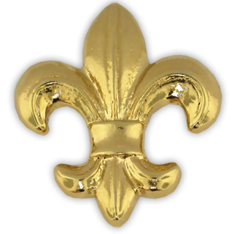 Gold plated fleur-de-lis lapel pin with detailed lily motif