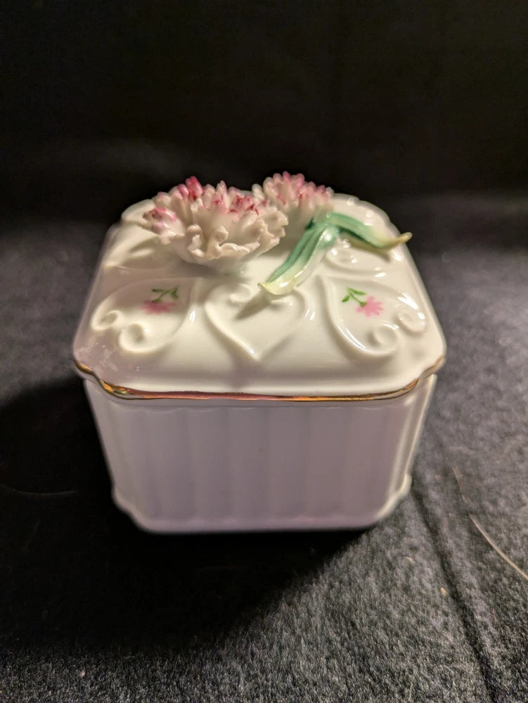Small Porcelain Square Lidded Trinket Box with 3D Carnations on lid Carnation