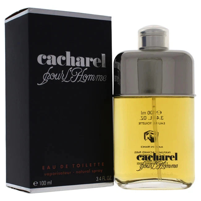 Men's eau de toilette spray bottle with clear cap and amber liquid; Cacharel label
