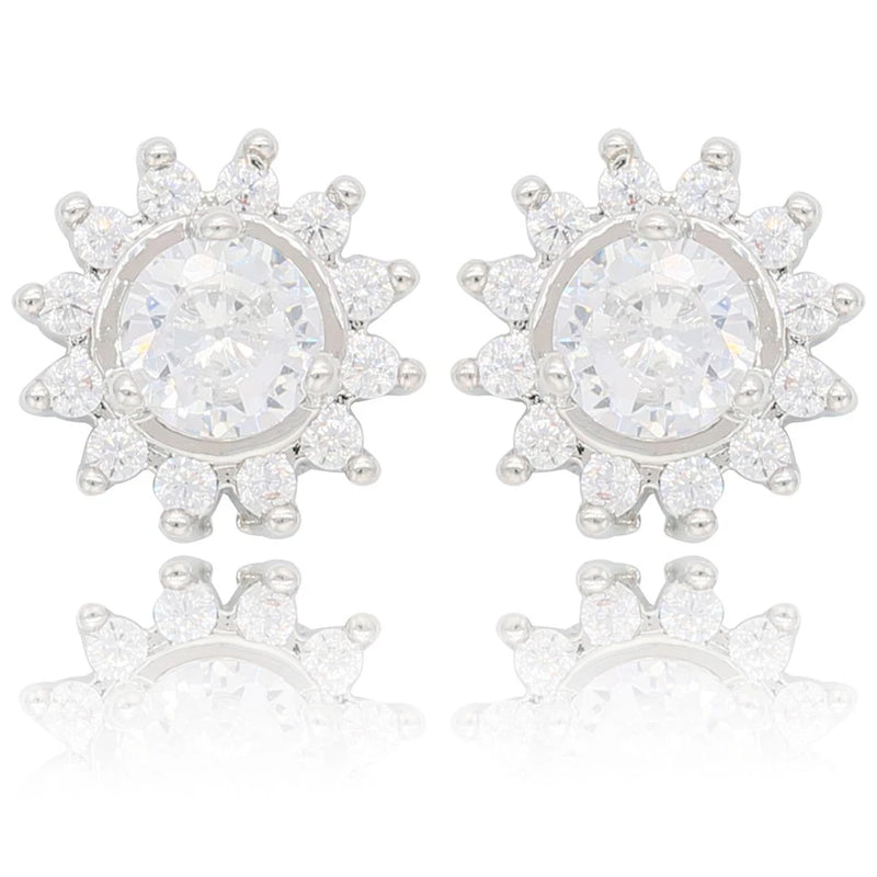 Sunflower rhinestone crystal stud earrings with clear center stones, silver-tone metal