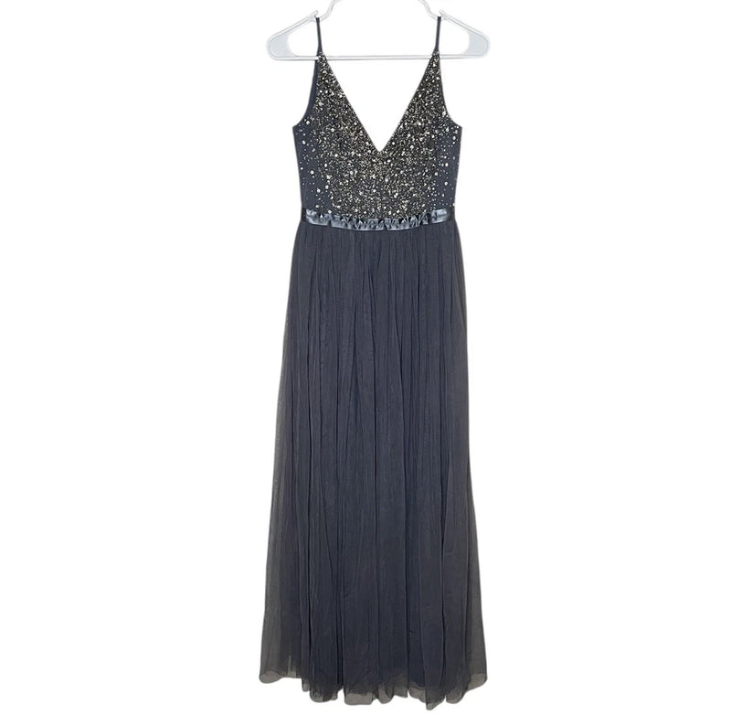 BHLDN Anthropologie Avery Beaded Tulle Maxi Dress Gown in Hydrangea Size 0 Hydrangea