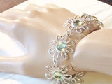 New Wide 1" Lime Citrus Green Cabochon Daisy Flower Silvertone Link 8" Bracelet Sunflower