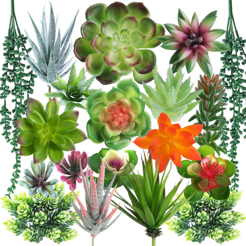 Assorted artificial succulents, unpotted, green and multicolor rosette flowers