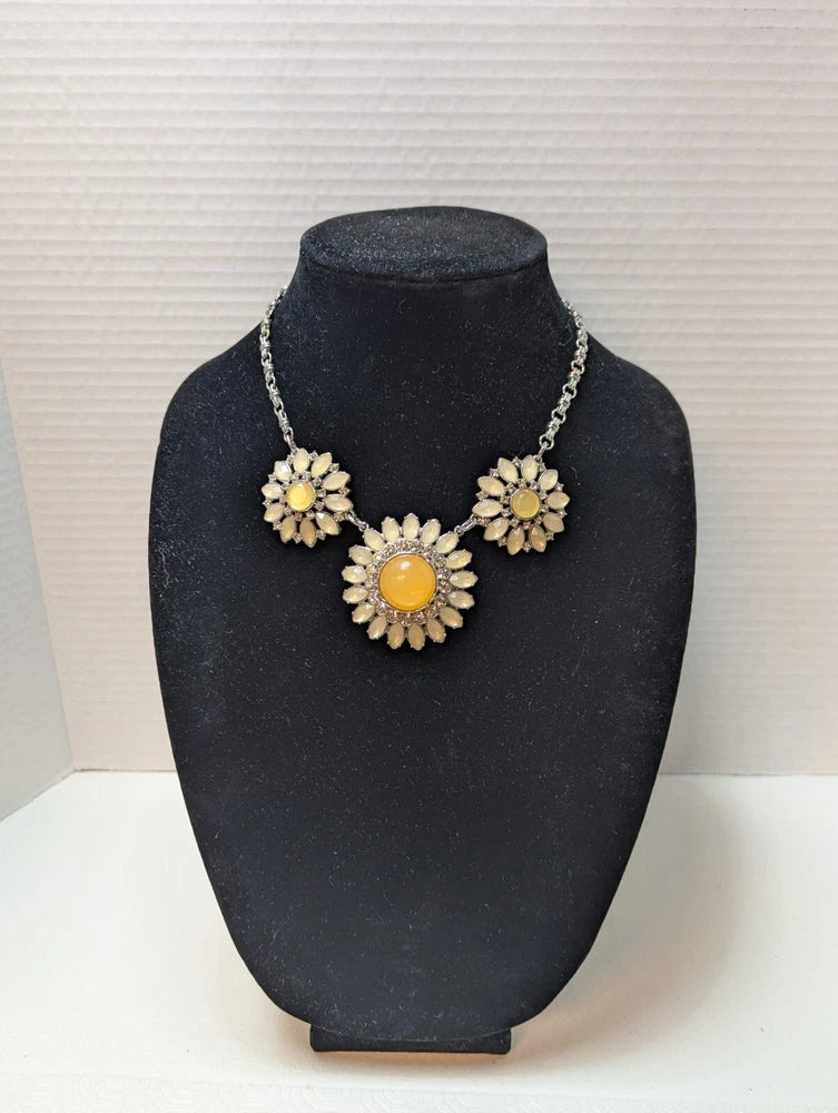 Lia Sophia Triple Flower Statement Necklace Yellow Sunflower  18-21" Silver Tone Sunflower