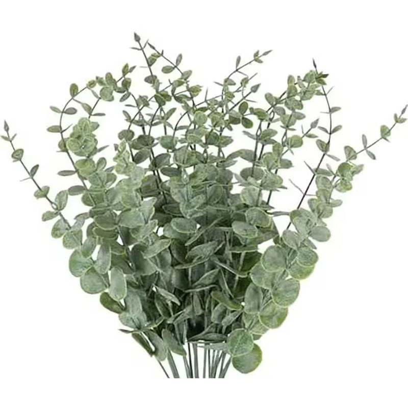Artificial eucalyptus leaf stems with clusters of green oval leaves on thin branches