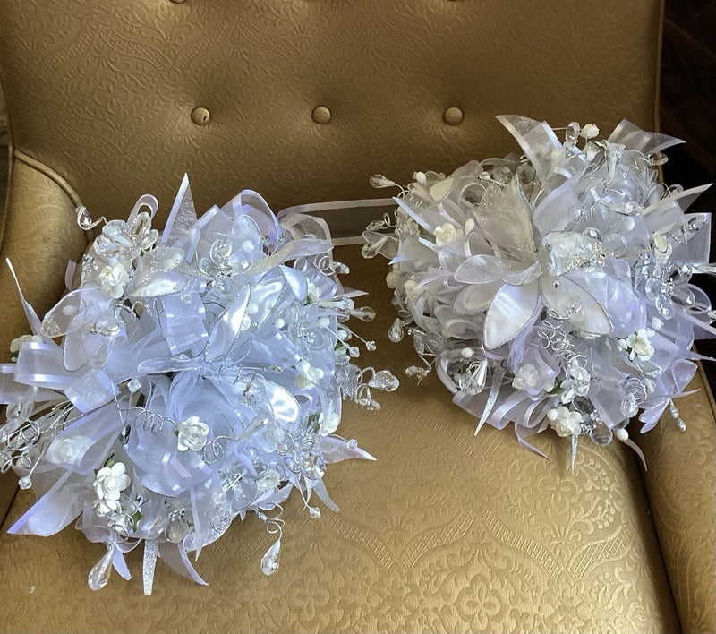 Set of 2 white bridal flower bouquets with ribbon bows and crystal accents