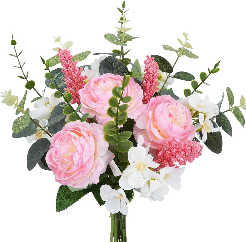 Artificial silk flower bouquet with pink peonies, white blooms, and green leafy stems