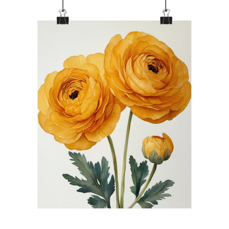 Boho Yellow Ranunculus Flower Art Print Poster, Minimalist Floral Wall Art 5 Ranunculus