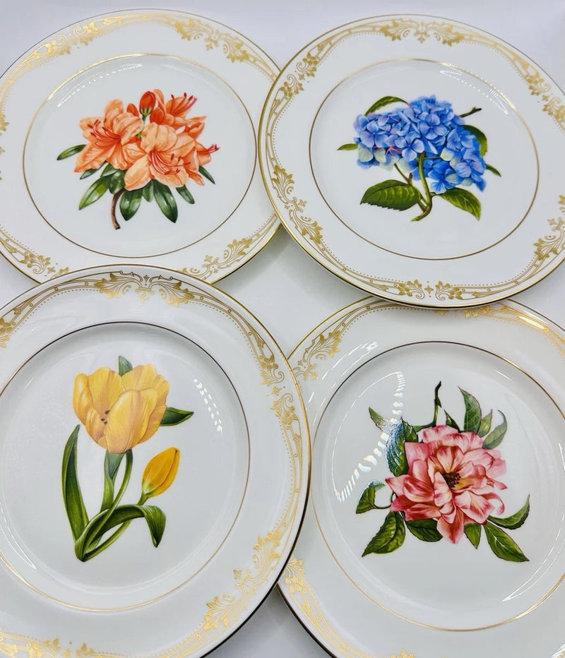 Aynsley Chelsea Gold Set Of 4 New 8Ó Floral Plates Lily Tulip Hydrangea Azalea Hydrangea