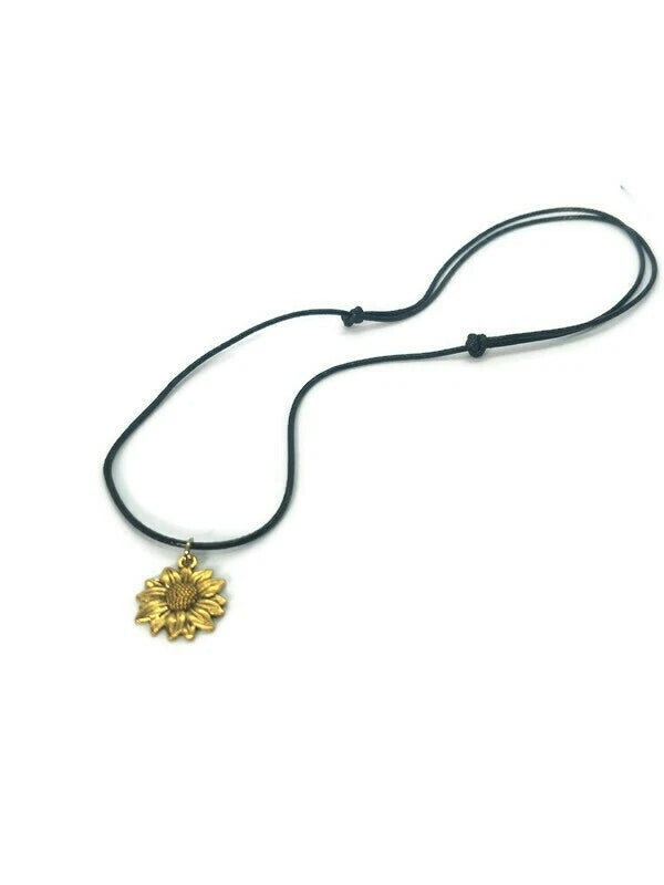 Flower Choker Sunflower Necklace on Leather Adjustable Cord Gold Coloured Sunflower