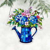 Blue Hydrangea Watering Can Acrylic Suncatcher, Hummingbird Window Hanging Decor Hydrangea