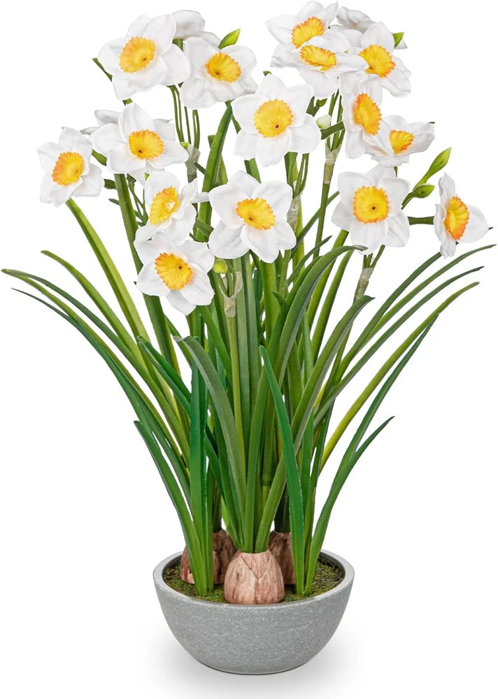 Artificial daffodils in a gray pot with white blooms and yellow centers, green stems
