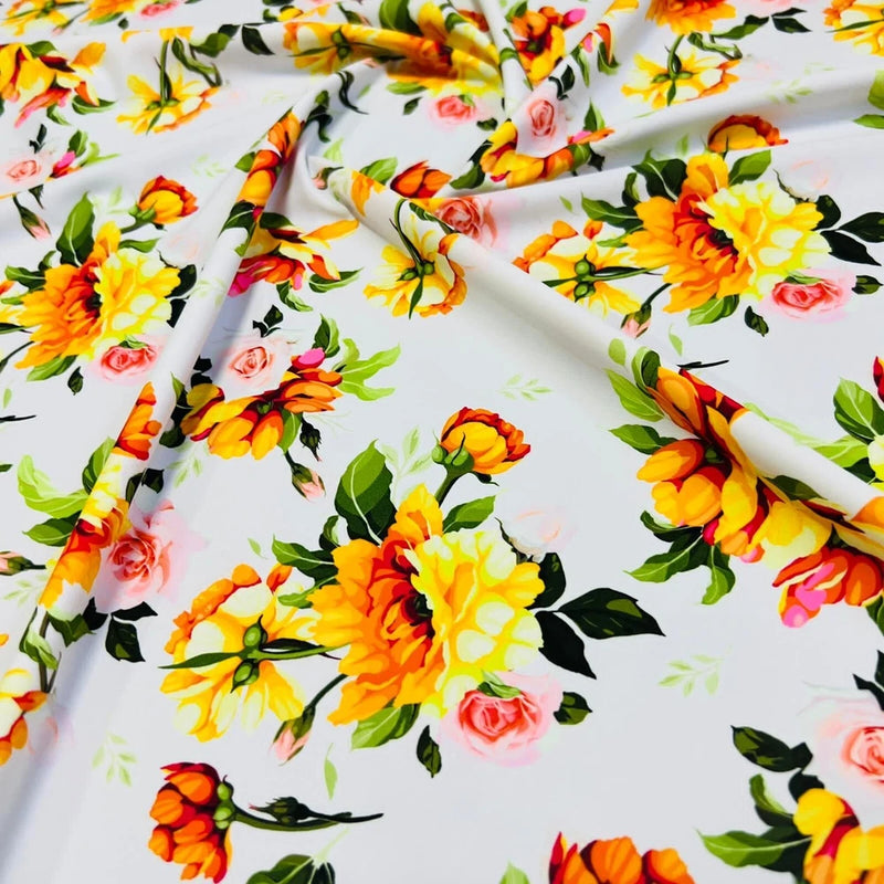 Printed Orange Floral 4-Way Stretch Fabric 60" Wide Swimsuit Spandex By The Yard Flowering Plants