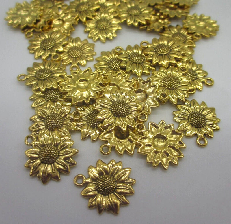3/4" Antique Gold Tone Metal Sunflower Craft Charms Pendants 40 Pieces Sunflower