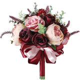 Wedding Burgundy Bouquet Bridal Holding Silk Flowers Artificial Rose Bridesmaid Bouquet