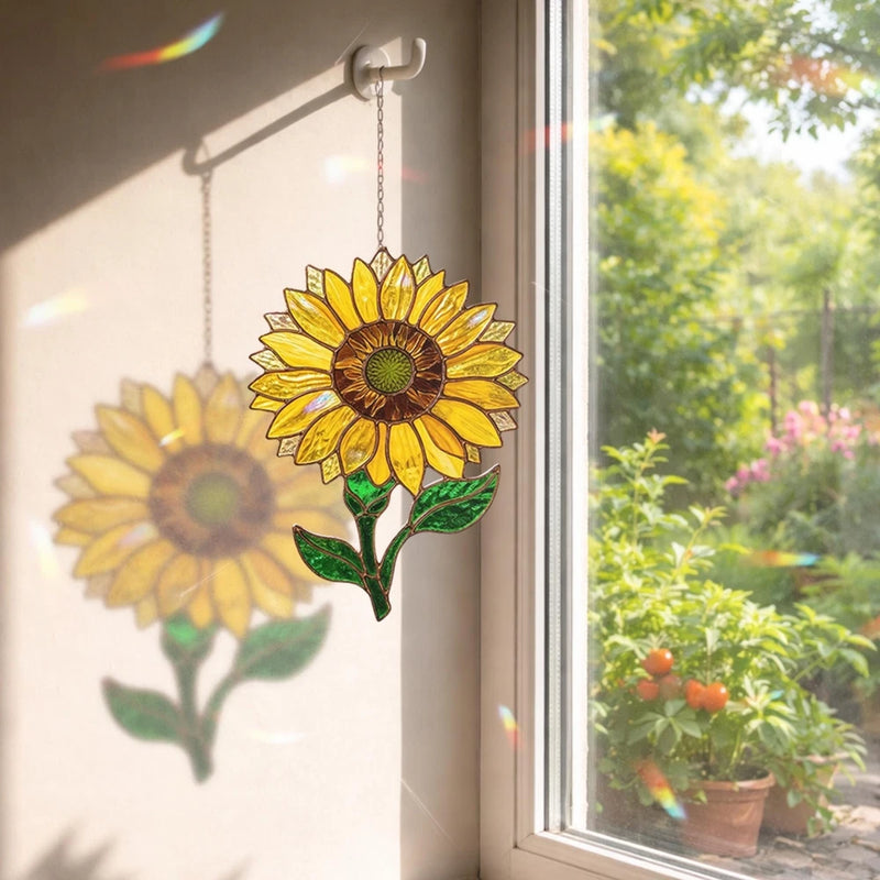 Sunflower acrylic suncatcher window decor with textured floral petals, hanging by chain.