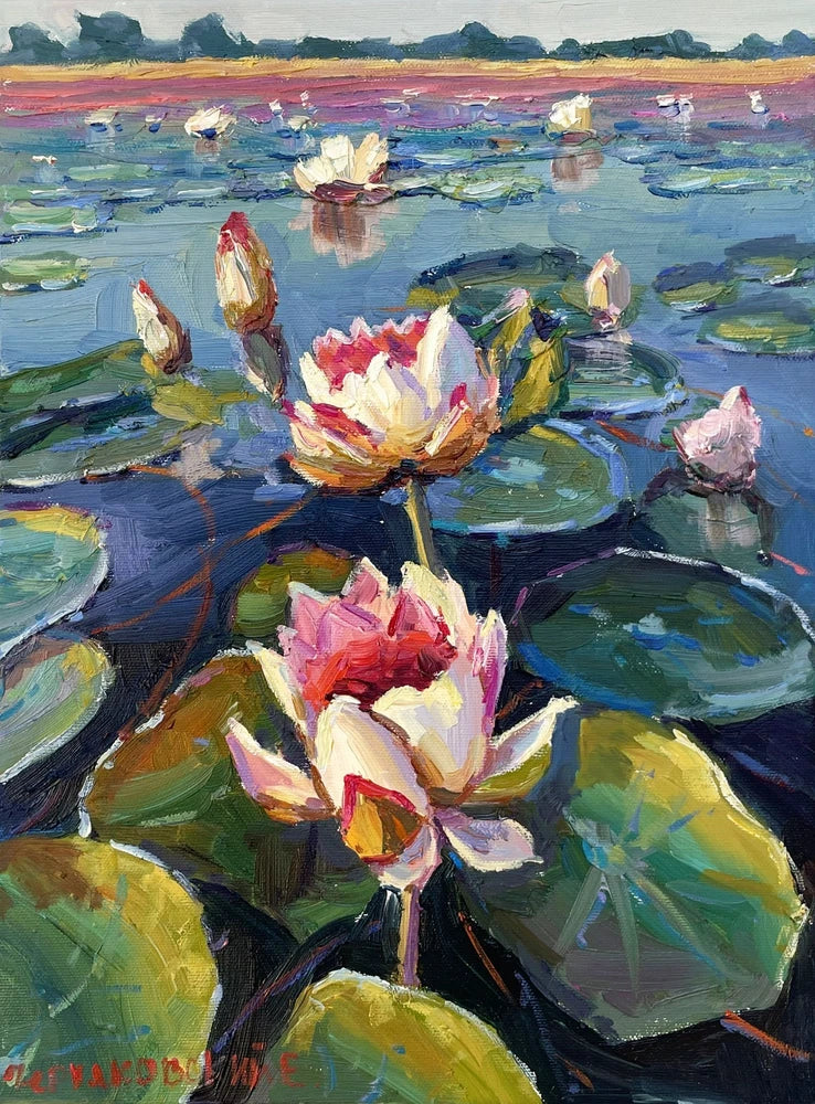 Impressionist oil painting of white and pink lilies on a pond with reflections