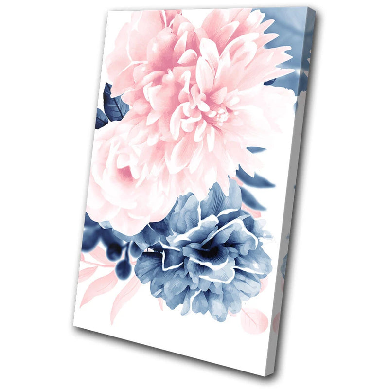 Peach and navy blue peony floral single canvas wall art print