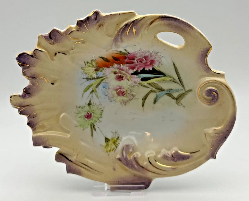 VTG Hand Painted Porcelain Trinket Dish Pink Carnations Purple Gold Shell 6 _" Carnation