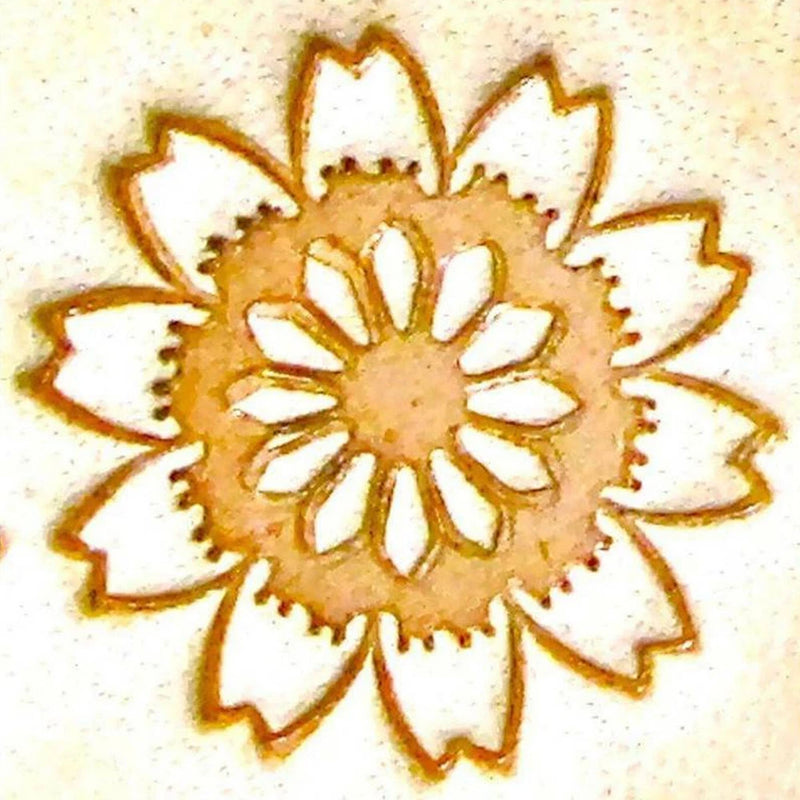 Sunflower leather flower stamp, 15mm x 15mm, tan and brown petal design