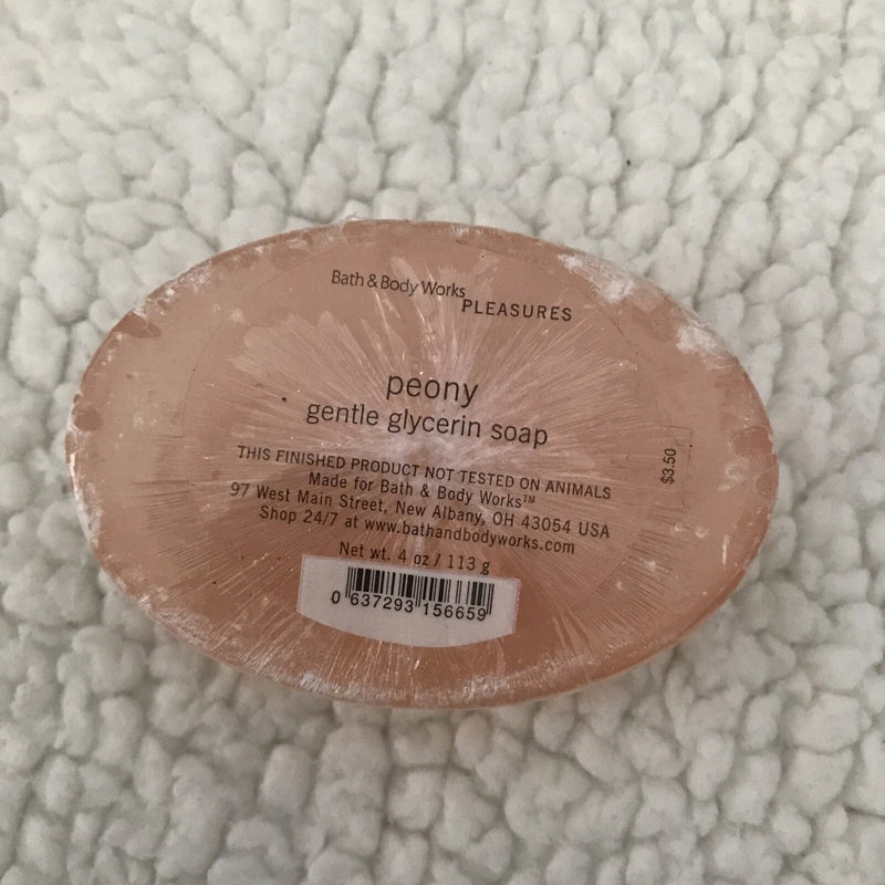 Peony gentle glycerin bar soap, Bath & Body Works PLEASURES label, 4 oz