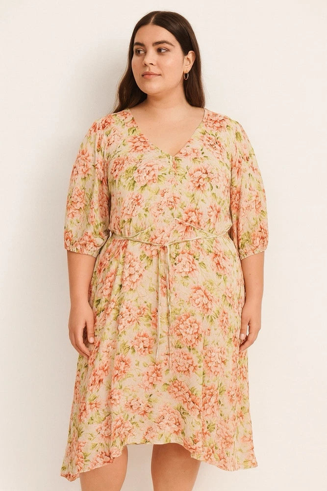 J. Jill WomenÕs L Floral Midi Dress Pebble Hydrangea Tie Waist Asymmetrical Hem Hydrangea