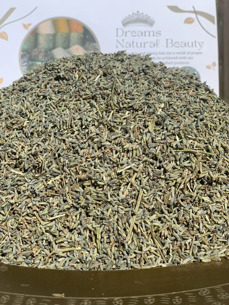 Dried lavender buds, small dried stems and tips in light gray-green