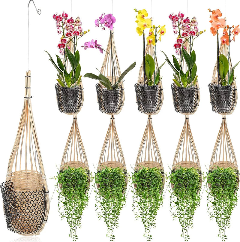 10-pack hanging orchid planters, woven bamboo bird-nest style with orchid blooms