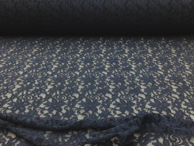 Embroidered Stretch Lace Apparel Fabric Sheer Floral Midnight Navy Blue WW511 Flowering Plants